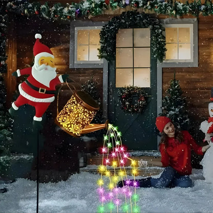 Decorative Christmas scene with Santa Claus, colorful lights, and a child in front of a wooden cabin.