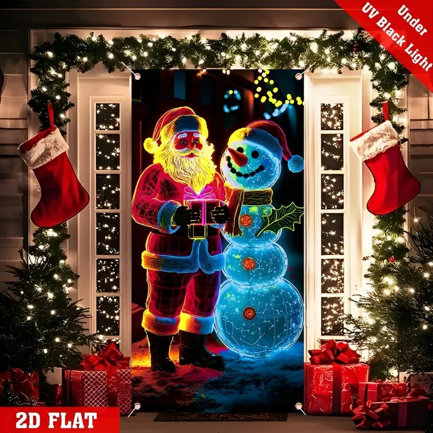 Decorative door cover with Santa Claus and snowman design, illuminated under UV light, on a Christmas-themed background.