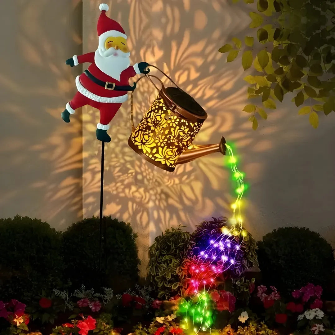 Santa Claus solar garden light pouring colorful LED lights with easy installation stake for outdoor holiday decor.