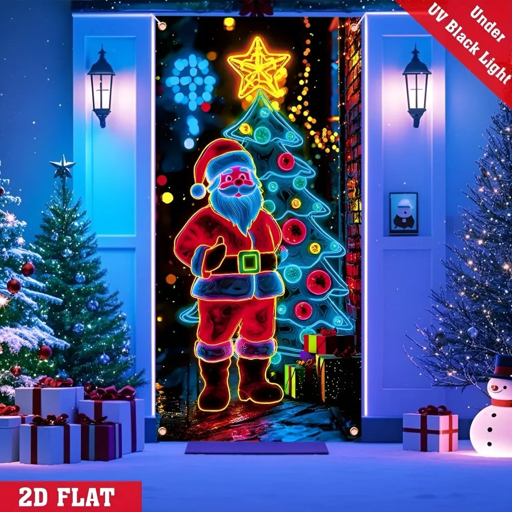 Eco-friendly Santa solar garden light glowing under UV black light with 2D flat design and Christmas tree.