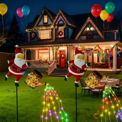 Eco-friendly Santa solar garden lights illuminating colorful LED streams in festive nighttime garden setting.