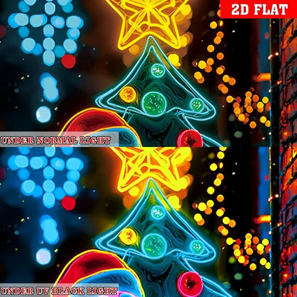 Santa solar light comparison: normal vs UV black light effects. Quality material ensures vibrant glow in 2D flat design.