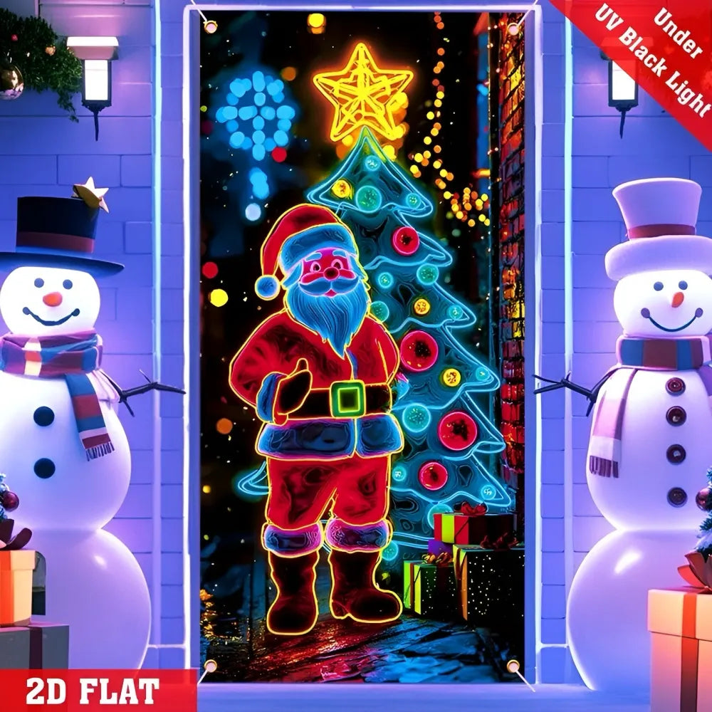 Santa Claus solar garden light glowing under UV black light with Christmas tree and snowmen. Festive outdoor Christmas decoration.