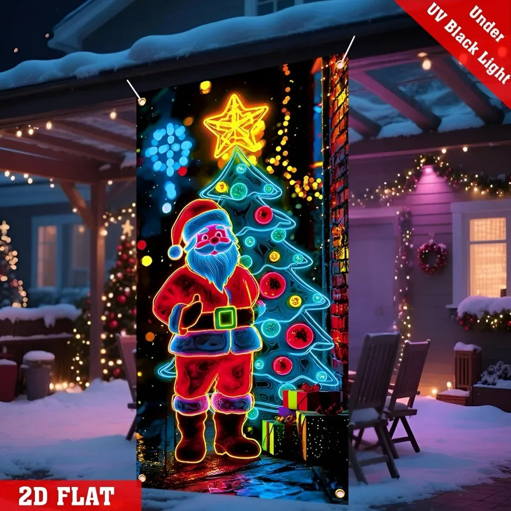 Decorative banner with Santa Claus and Christmas tree design, illuminated under UV black light, displayed outdoors.