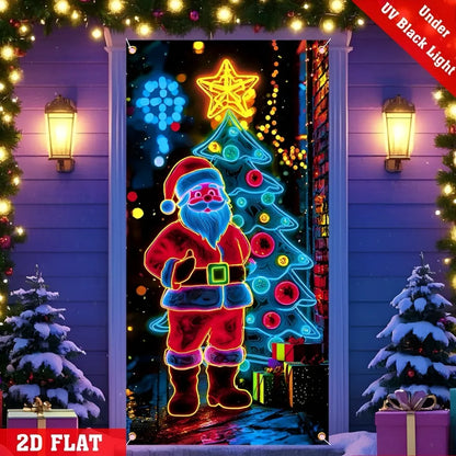 Decorative door cover with Santa Claus and Christmas tree design, illuminated under black light.
