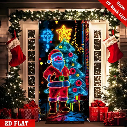 Decorative door cover with Santa Claus and Christmas tree design, illuminated under UV black light.