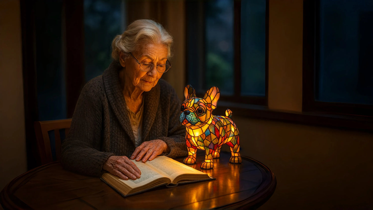 Old woman reading a book next to a colorful stained glass dog lamp in a dimly lit room.