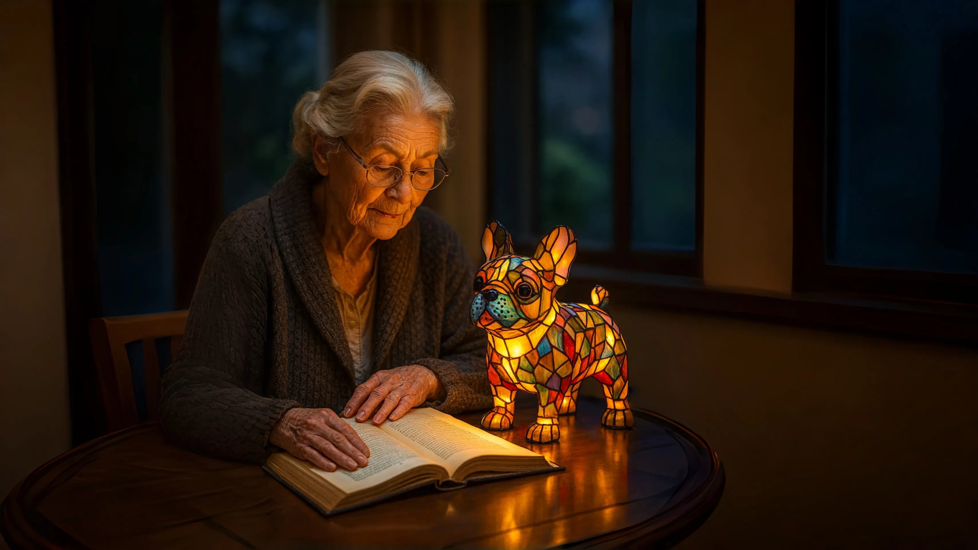 Old woman reading a book next to a colorful stained glass dog lamp in a dimly lit room.