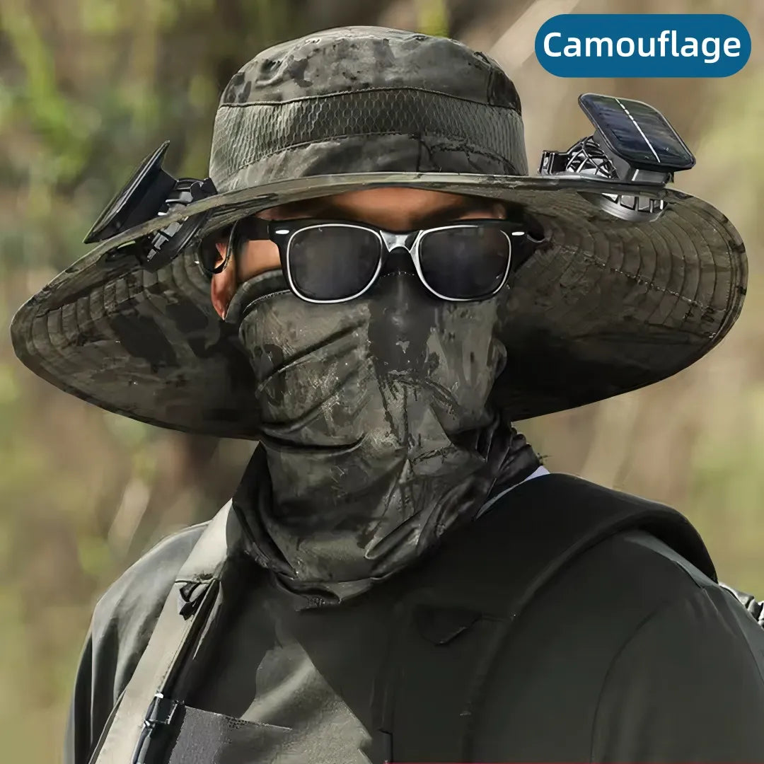 Person wearing camouflage hat, sunglasses, and face mask with 'Camouflage' label.