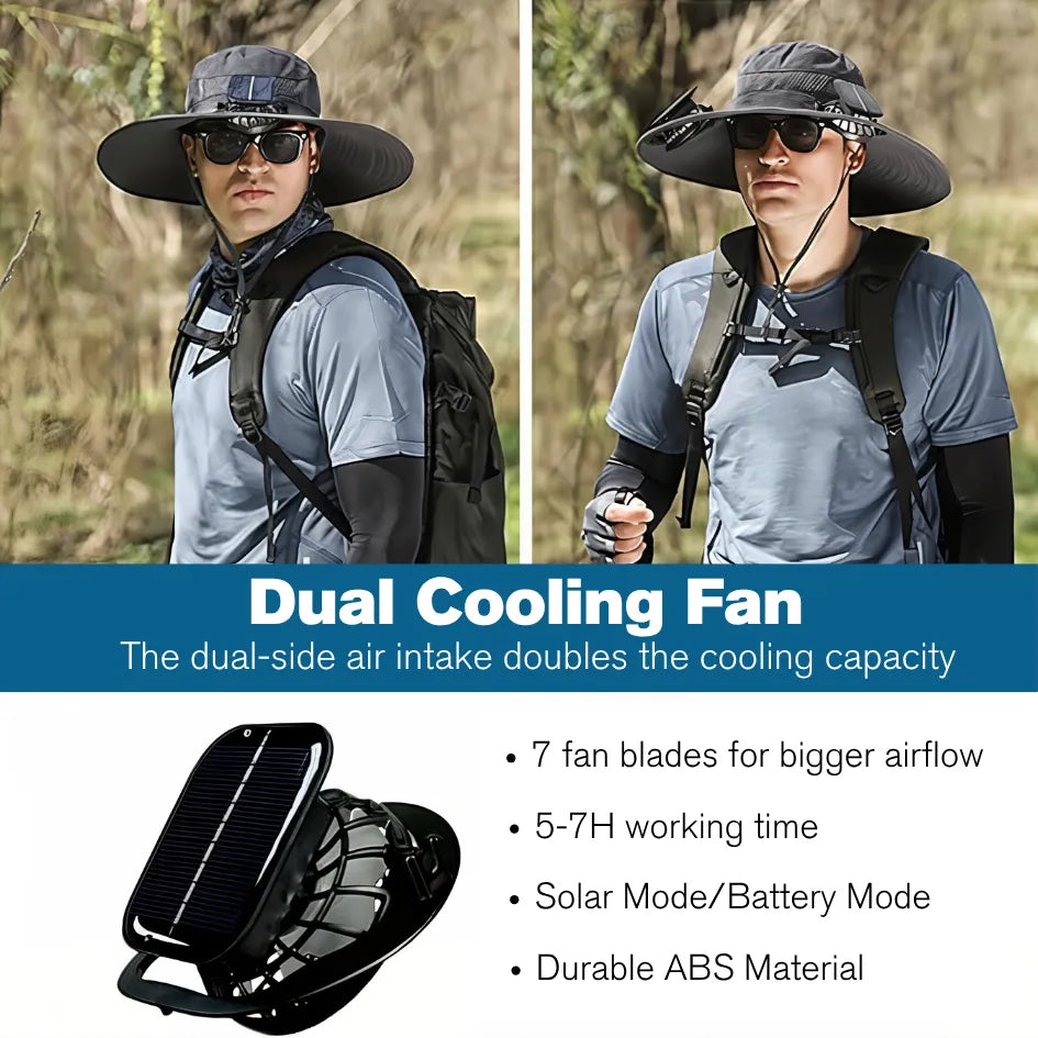 Solar Fan Cooling Sun Hat with dual fans for powerful airflow, 5-7H cooling time, and durable ABS material
