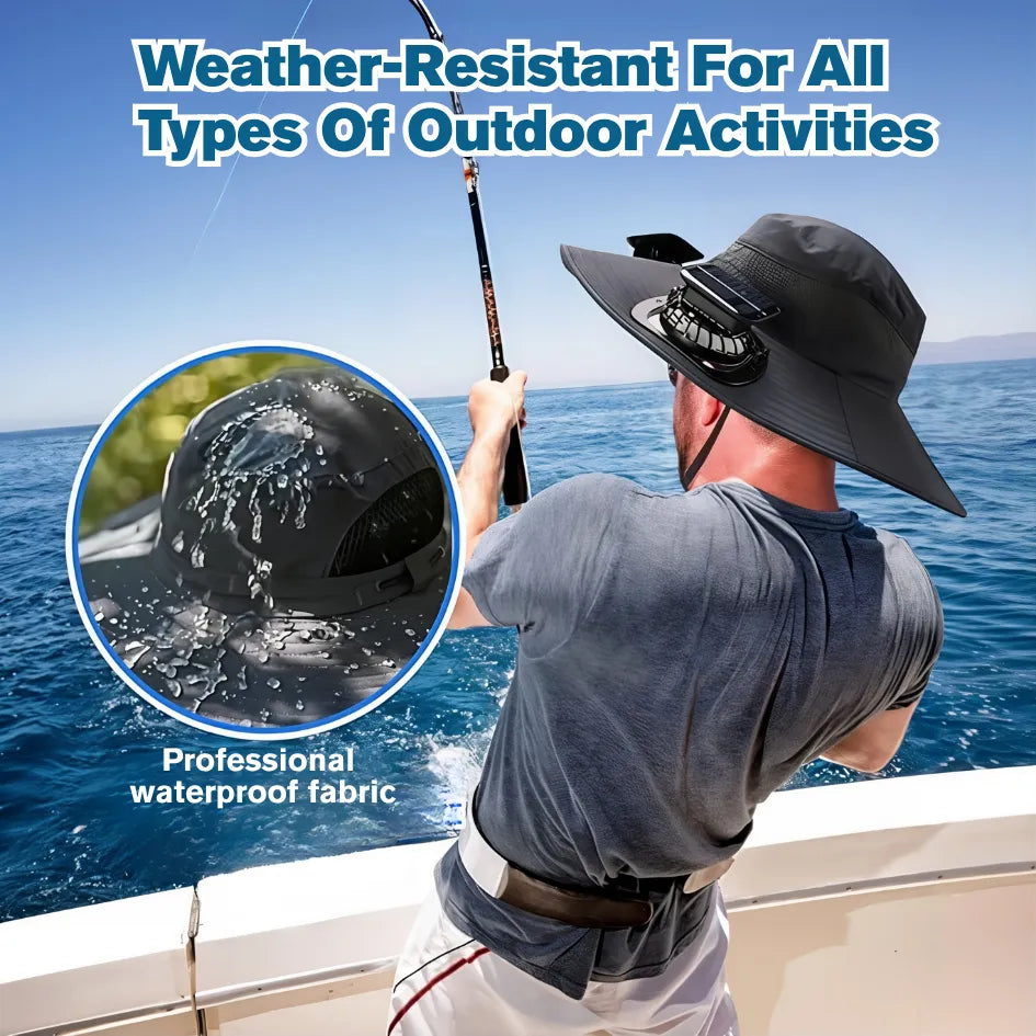 Person fishing on a boat wearing a black waterproof hat with a close-up of the fabric's water-resistant properties.