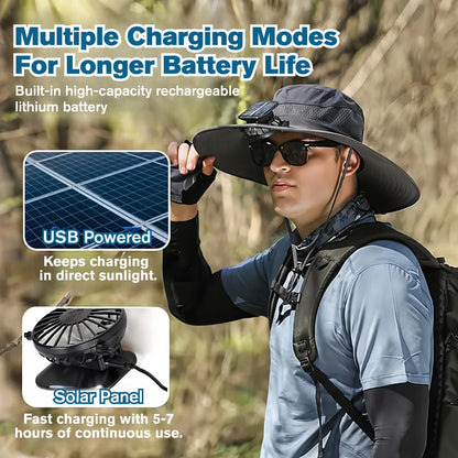 Outdoor enthusiast wearing solar-powered cooling hat with USB/solar charging, featuring 5-7 hour battery life for hiking and sun protection.
