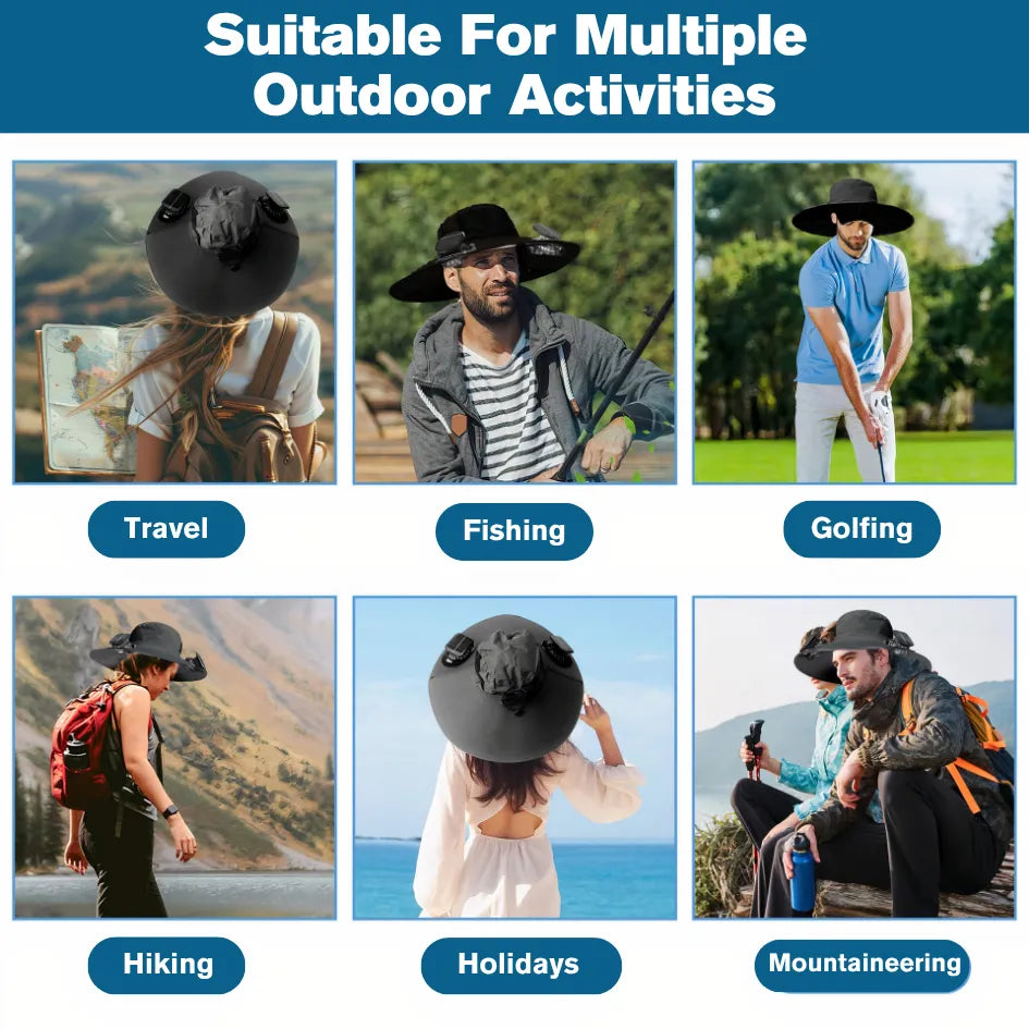 Solar Fan Cooling Sun Hat shown in 6 outdoor activities: travel, fishing, golfing, hiking, holidays, and mountaineering.