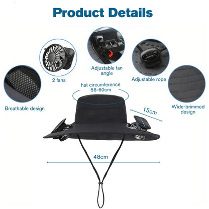 Unisex solar fan cooling hat with adjustable rope (56-60cm), wide 48cm brim, and 2 angle-adjustable fans on white background.