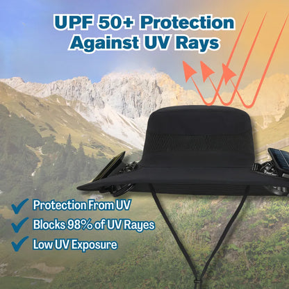 Wide-brim Solar Fan Cooling Sun Hat with UPF 50+ UV protection, blocking 98% of rays in mountain landscape.