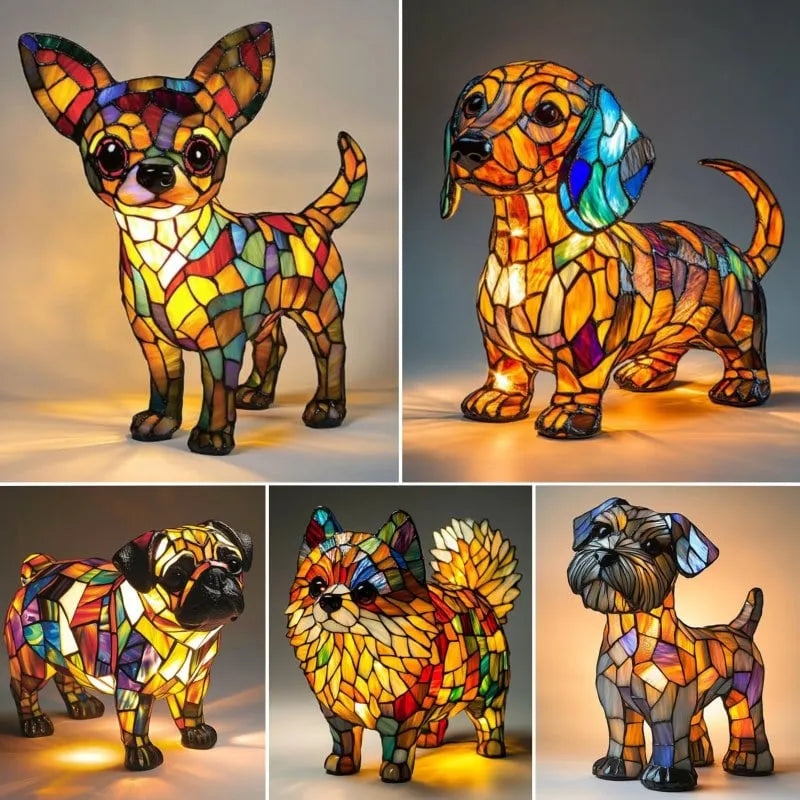 Collage of colorful stained glass dog sculptures on a neutral background