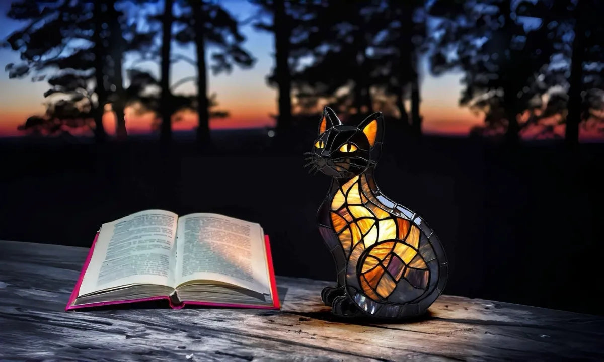 Cat-shaped stained glass lamp next to an open book at sunset