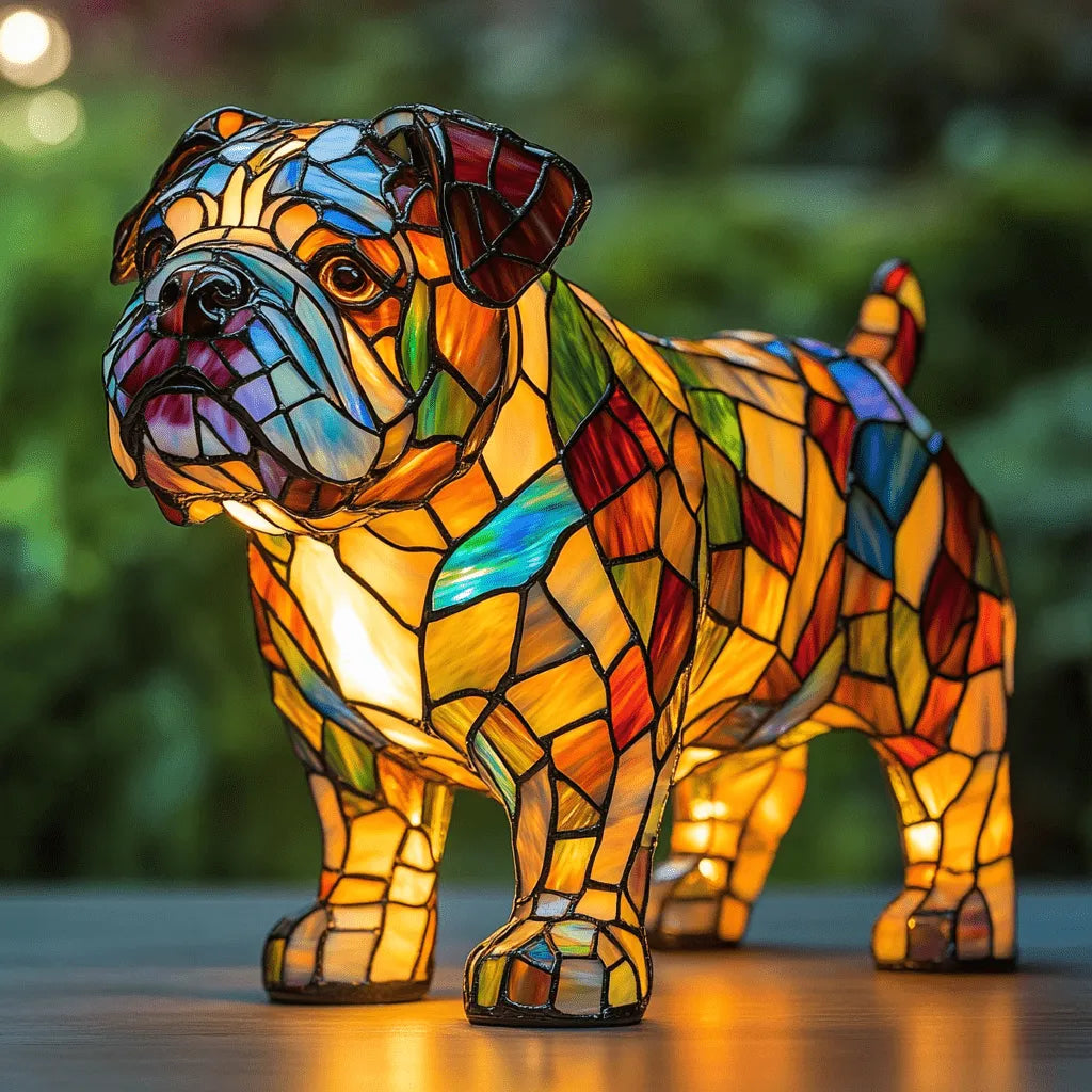 Colorful stained glass bulldog lamp on a wooden surface with a blurred green background