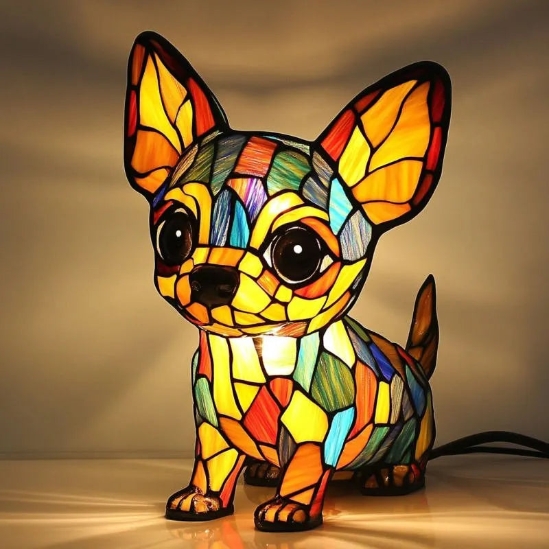 Colorful stained glass dog-shaped lamp on a wooden surface with a warm glow.