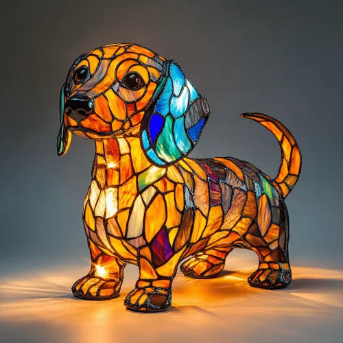 Stained glass dachshund dog sculpture on a gray background