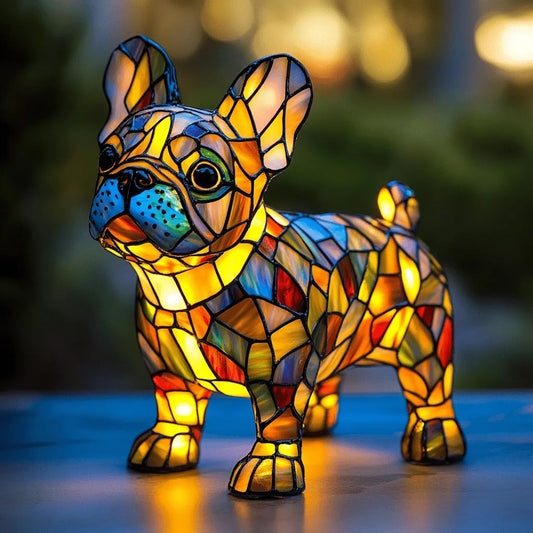 Colorful stained glass sculpture of a dog on a reflective surface with blurred lights in the background