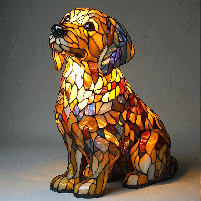 Stained glass dog lamp with multicolored mosaic design on a gray background