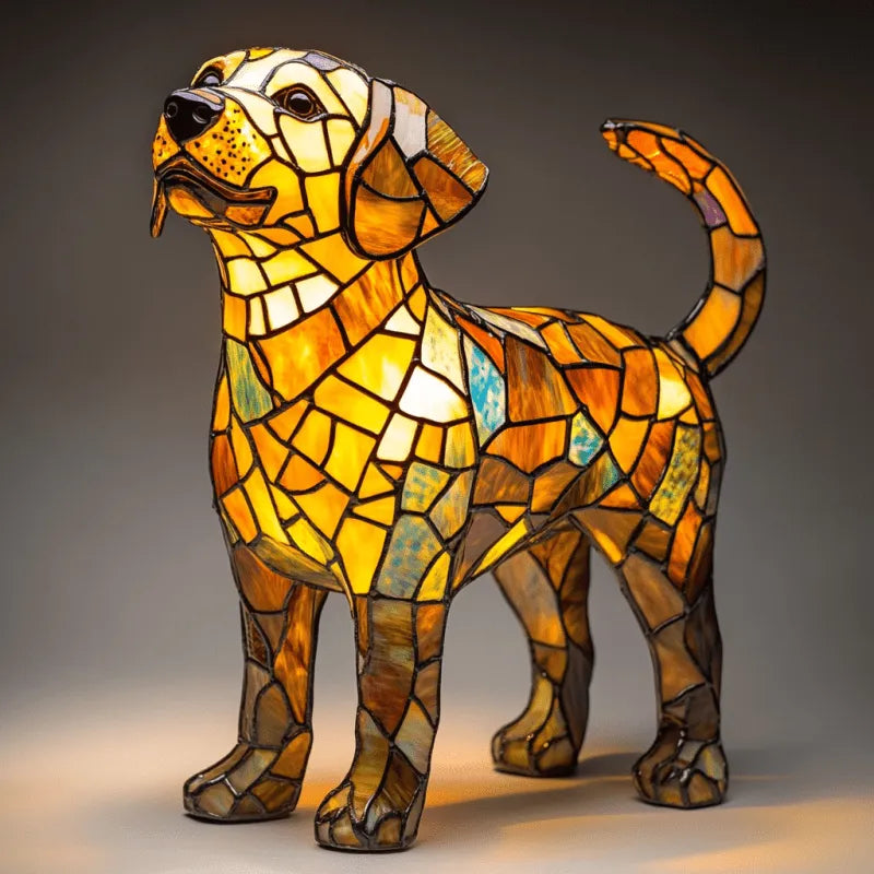 Stained glass dog sculpture on a gray background
