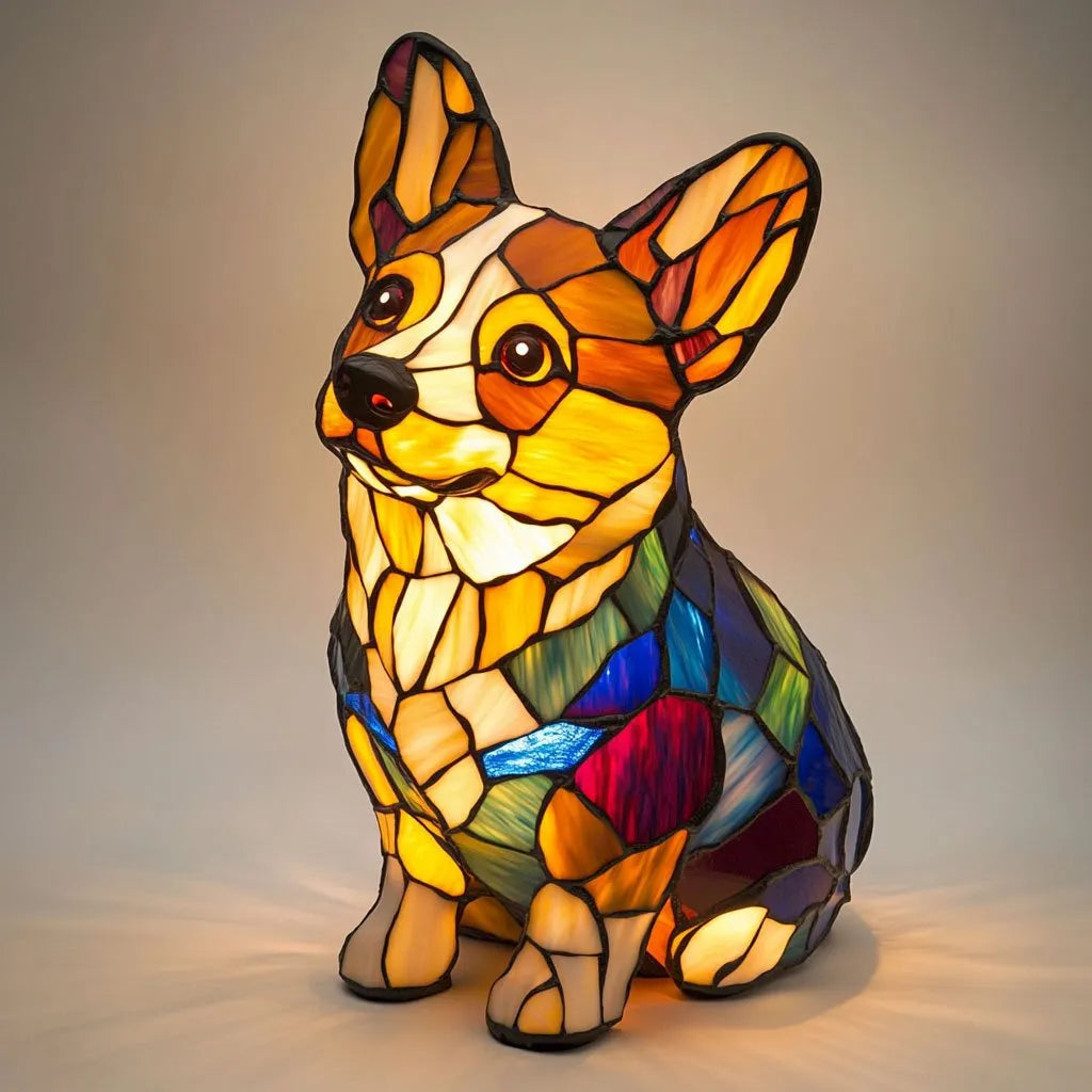 Colorful stained glass lamp shaped like a dog on a neutral background