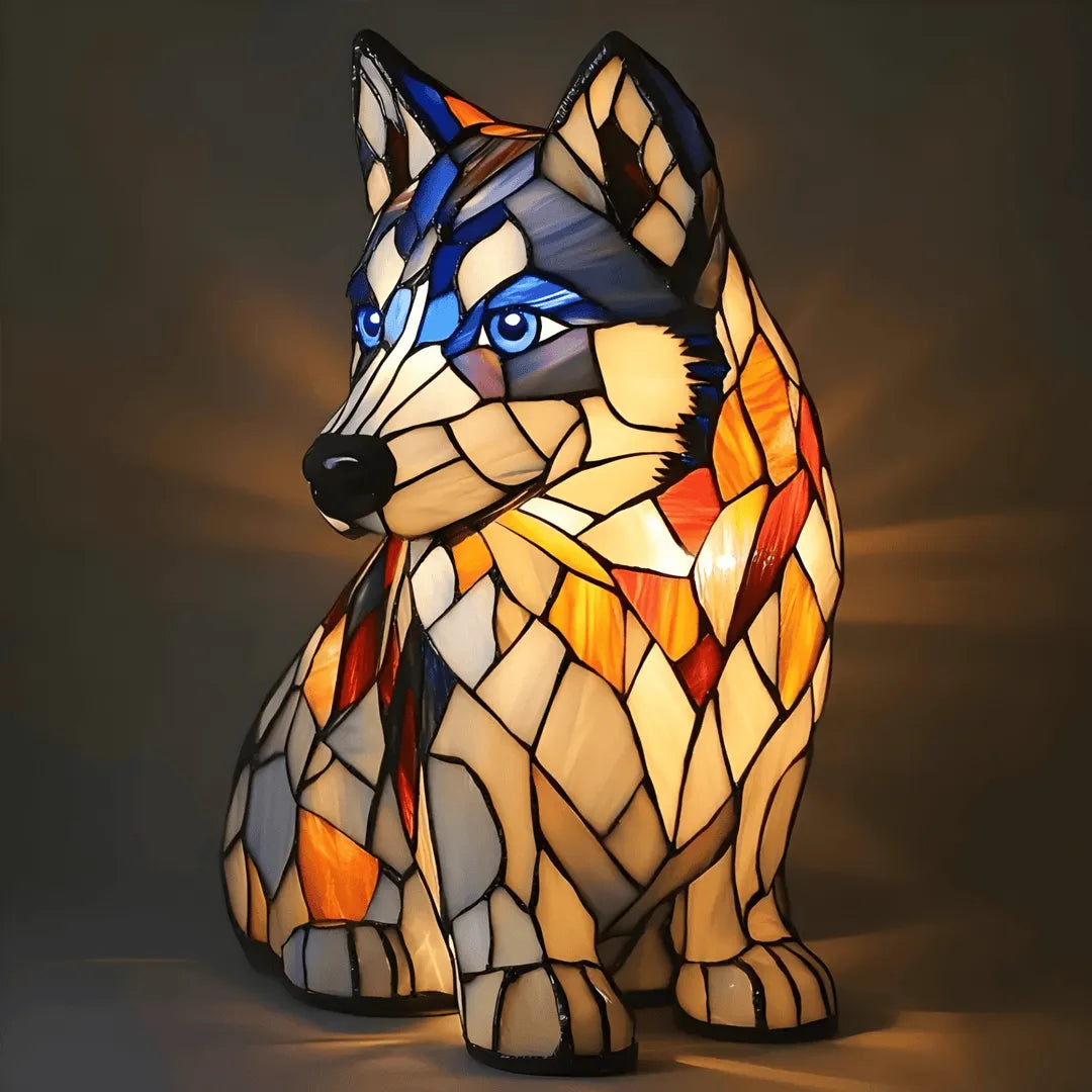 Stained glass dog lamp with multicolored design on a dark background