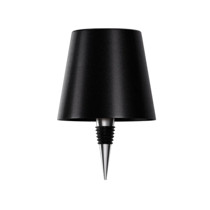 Sleek wireless bottle lamp in black (SKU) with conical shade and metallic spike base, isolated on transparent background.
