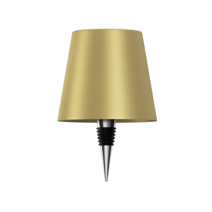 Wireless bottle lamp in gold color (SKU) with elegant conical shade and silver-black base, designed for universal bottle fitting.