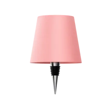 Wireless bottle lamp in soft pink (SKU) with metallic silver spike base and cylindrical fabric shade.